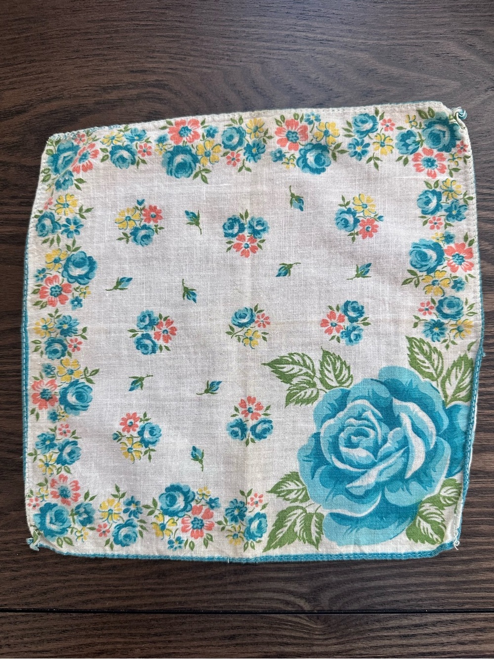 Vintage 1950s Floral Hankie Turquoise Blue Rose Cotton Handkerchief Cottagecore